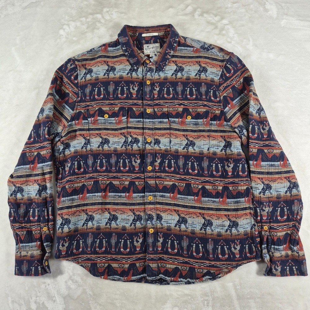 Lucky Brand Button Up Shirt Men's XL Gallup‎ Western Aztec Jacquard Overshirt